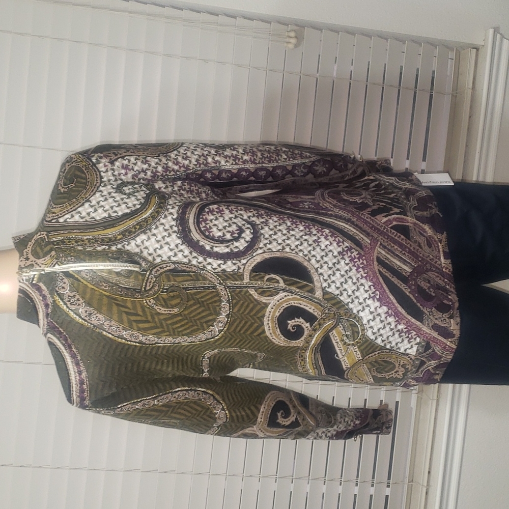 Chico’s (0) m deep green purple artsy swirl print mockneck back zip - Picture 6 of 10